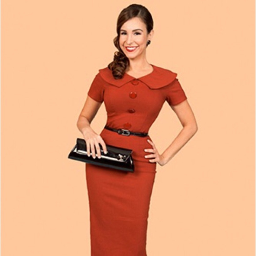 Bettie Page Retro Pin Up Style Bodycon Shift Dress w/Big Collar & Buttons L/XL